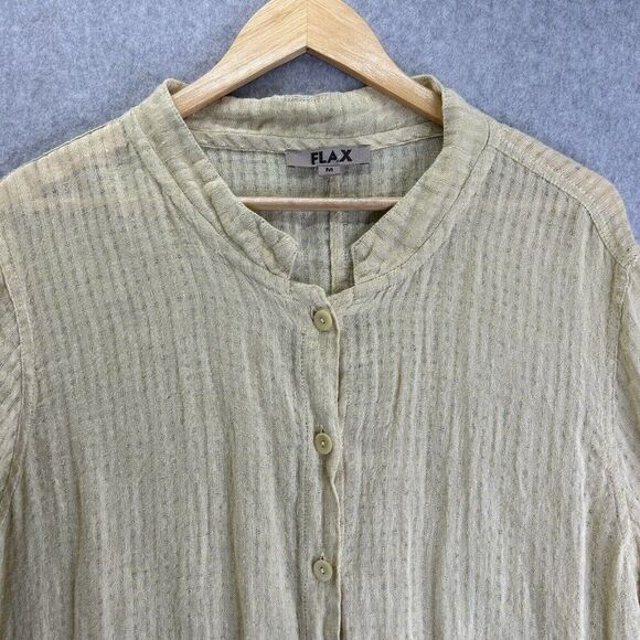 FLAX Medium Linen Long Shirt Dress Button Front Green Yellow Kaftan Oversized - Picture 3 of 13
